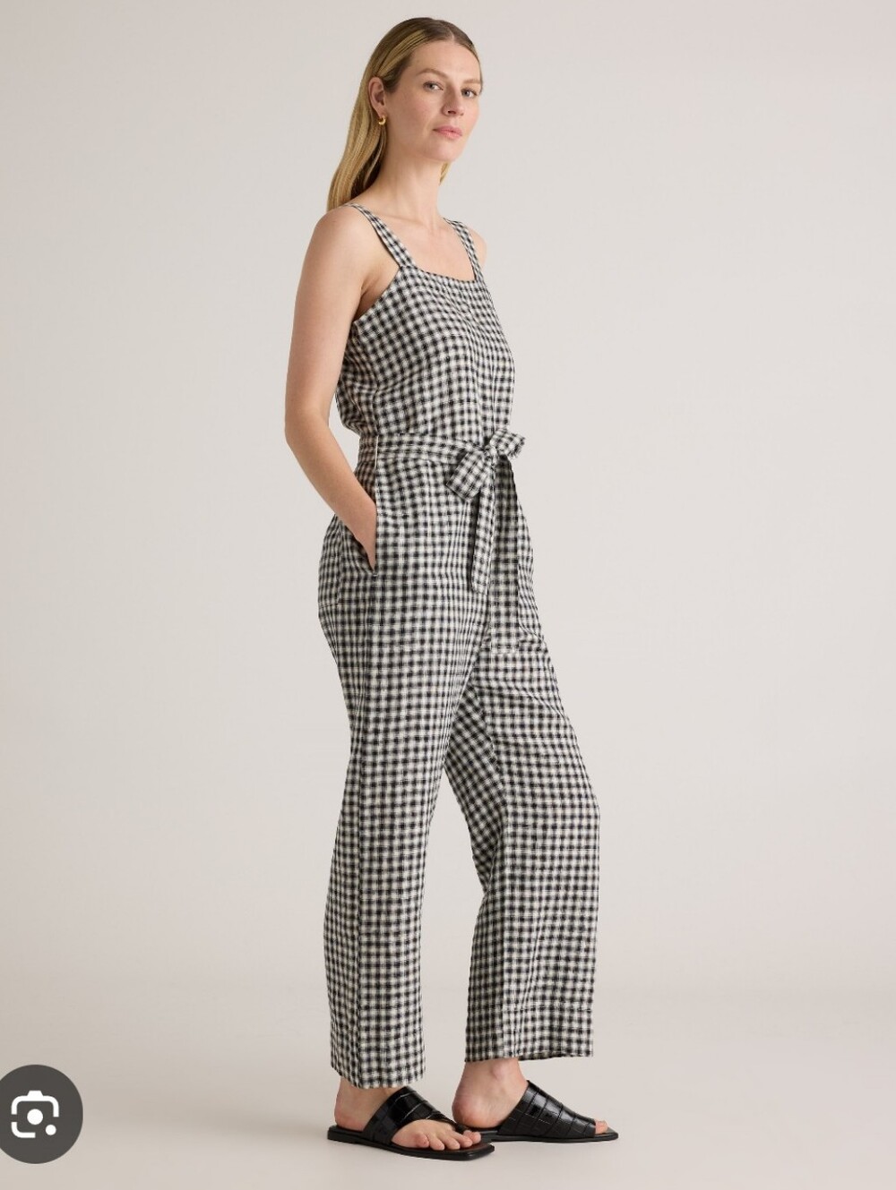 QUINCE European Linen Gingham Tie-Waist Jumpsuit - Black & White XL